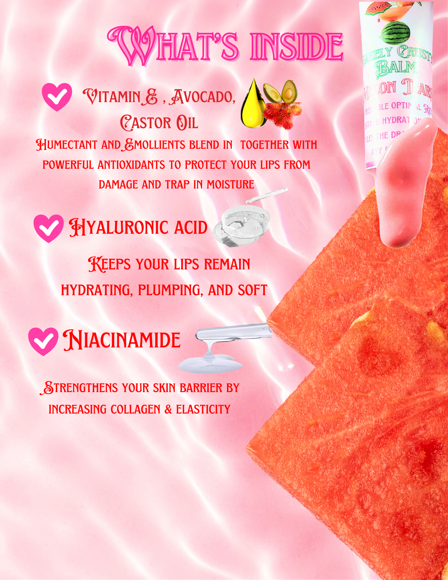 Barely crust lip balm with ingredients listed on a pink background, featuring watermelon slices.