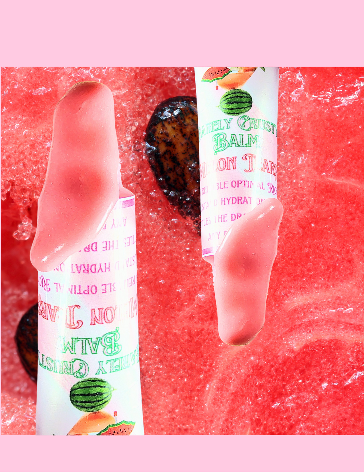 Two lip balms with watermelon flavor on a pink background